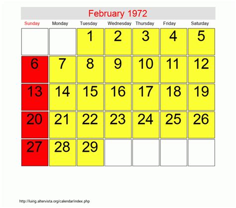Feb 1972 Calendar